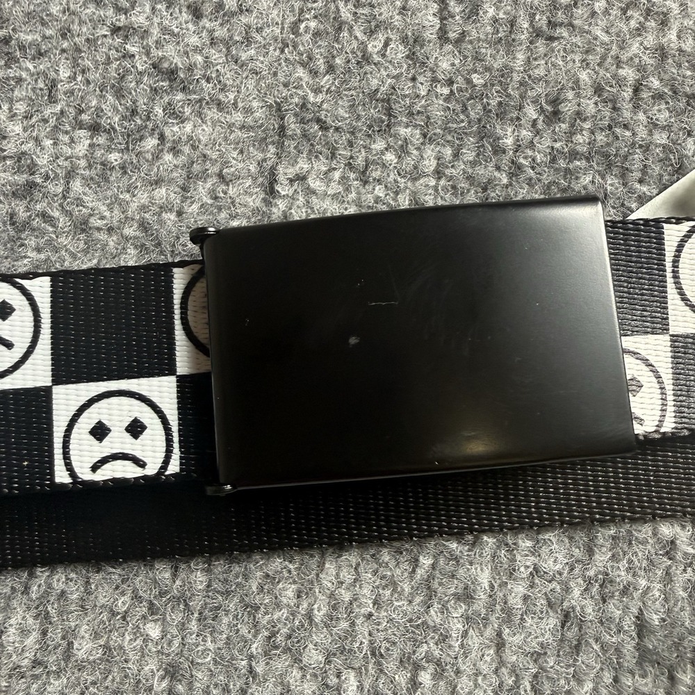 Y2K Checkerboard Graphic Webbing Belt Black White Smiley Face Skater Grunge Emo